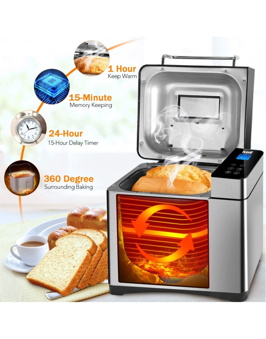 KBS Large 17-in-1 Bread Machine 2LB All Stainless Steel Bread Maker with Auto Fruit Nut Dispenser Nonstick Ceramic Pan Full Touch Panel Tempered Glass Reserve& Keep Warm Set Oven Mitt and Recipes
