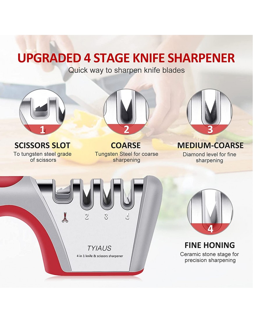Knife Sharpeners TYIAUS 4 Stage Kitchen Knife Scissor Sharpener to Repair Restore Sharp Polish Blades 4-in-1 Professional Manual Chef Steel Knife Scissor Sharpening Tool Kitchen Accessories