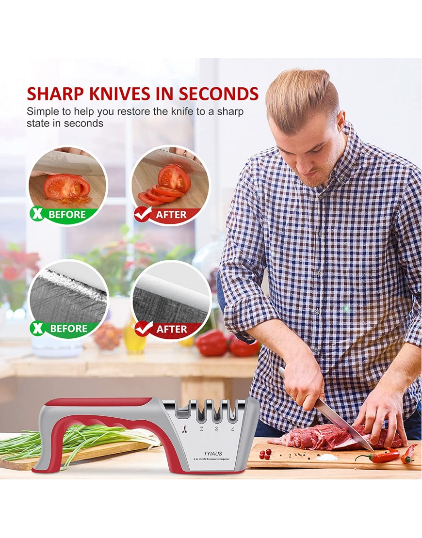 Knife Sharpeners TYIAUS 4 Stage Kitchen Knife Scissor Sharpener to Repair Restore Sharp Polish Blades 4-in-1 Professional Manual Chef Steel Knife Scissor Sharpening Tool Kitchen Accessories