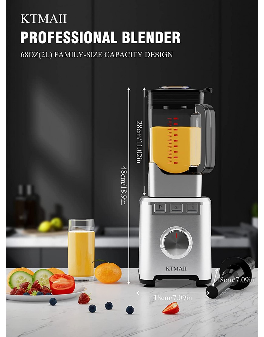 KTMAII Countertop Smoothie Blender 1800W Professional High Powered Blender for Kitchen with 68oz BPA-Free Pitcher Blender for Juice Ice Crushing Frozen Fruits Shakes and Smoothies Silver
