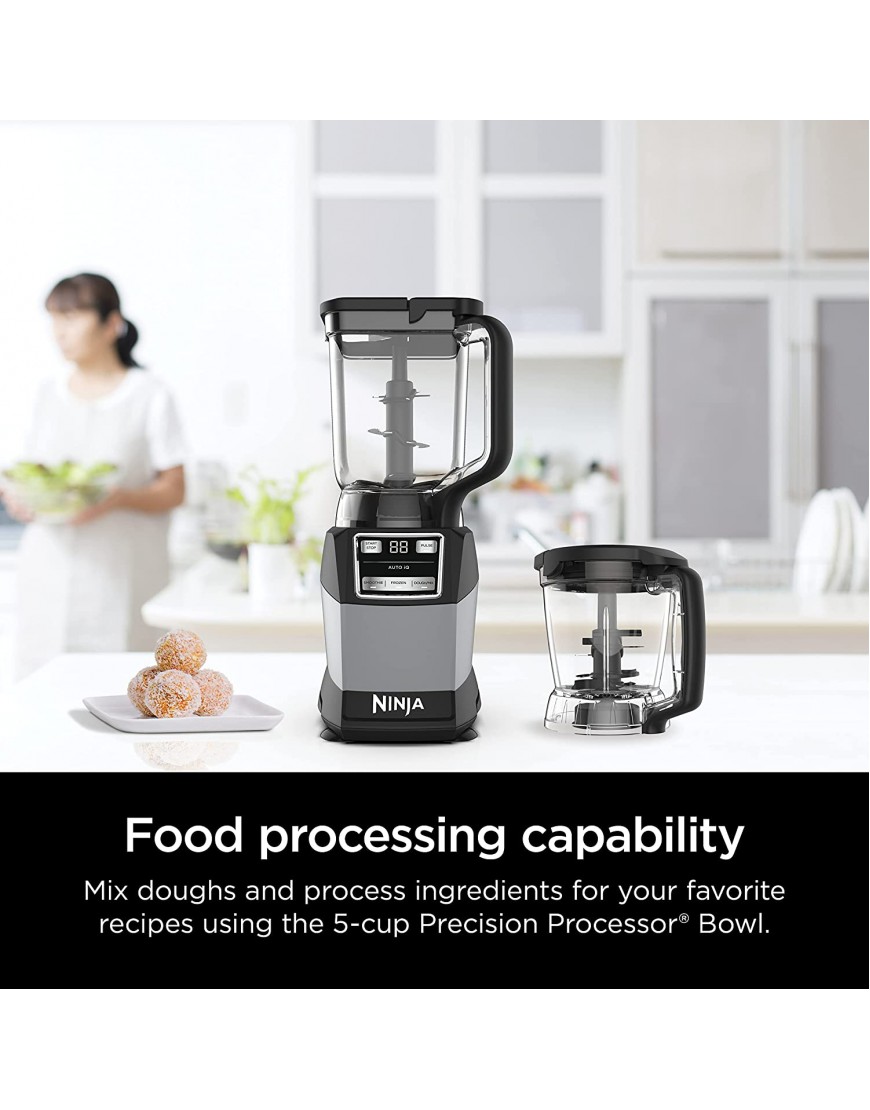 Ninja AMZ493BRN Compact Kitchen System 1200W 3 Functions for Smoothies Dough & Frozen Drinks with Auto-IQ 72-oz.* Blender Pitcher 40-oz. Processor Bowl & 18-oz. Single-Serve Cup Grey