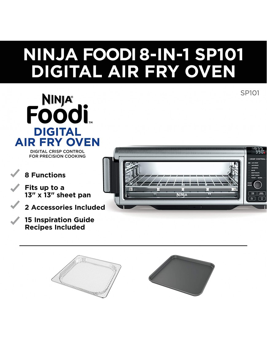 Ninja SP101 Digital Air Fry Countertop Oven with 8-in-1 Functionality Flip Up & Away Capability for Storage Space with Air Fry Basket Wire Rack & Crumb Tray Silver