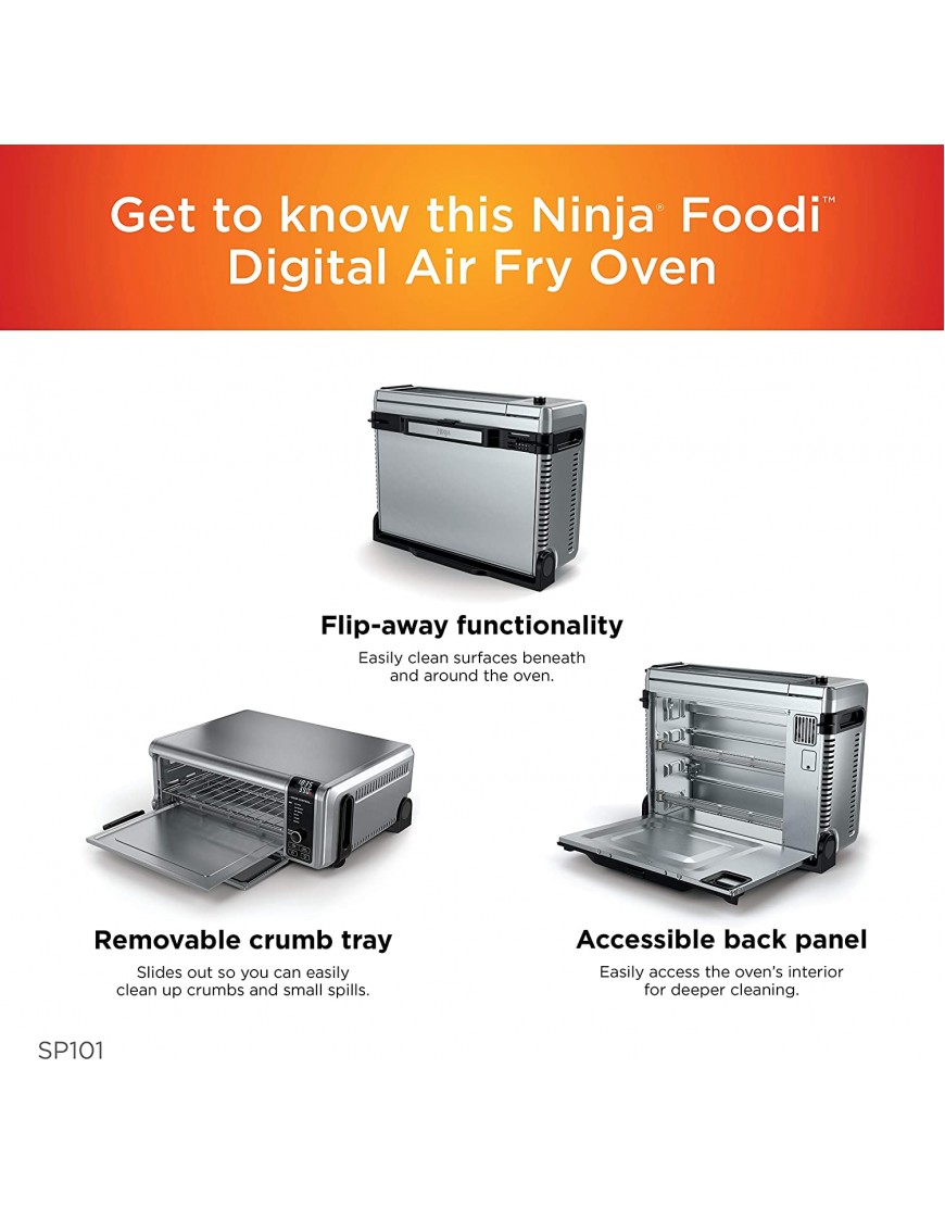 Ninja SP101 Digital Air Fry Countertop Oven with 8-in-1 Functionality Flip Up & Away Capability for Storage Space with Air Fry Basket Wire Rack & Crumb Tray Silver