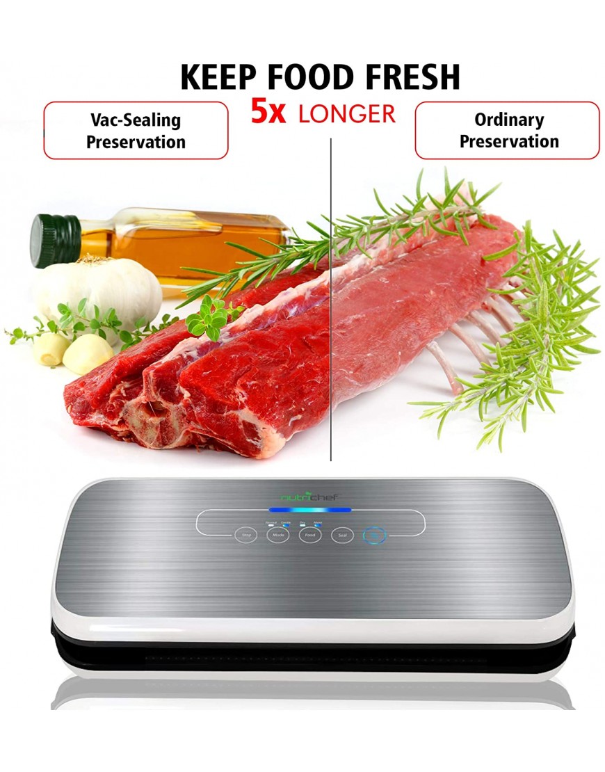 NutriChef PKVS Sealer | Automatic Vacuum Air Sealing System Preservation w Starter Kit | Compact Design | Lab Tested | Dry & Moist Food Modes | Led Indicator Lights 12 Silver