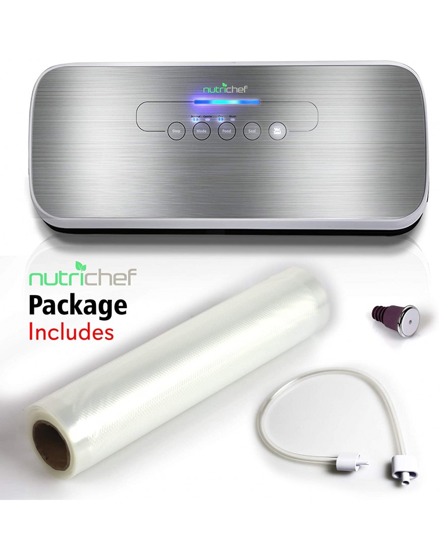 NutriChef PKVS Sealer | Automatic Vacuum Air Sealing System Preservation w Starter Kit | Compact Design | Lab Tested | Dry & Moist Food Modes | Led Indicator Lights 12 Silver