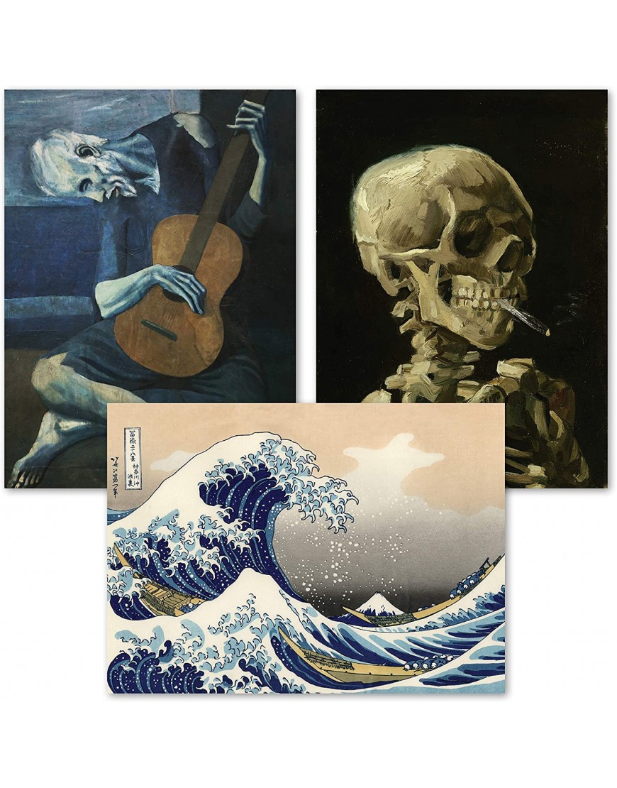 3 Pack of Posters: Vincent Van Gogh Skeleton + The Old Guitarist by Pablo Picasso + The Great Wave Off Kanagawa by Katsushika Hokusai Set of 3 Fine Art Prints LAMINATED 18" x 24"