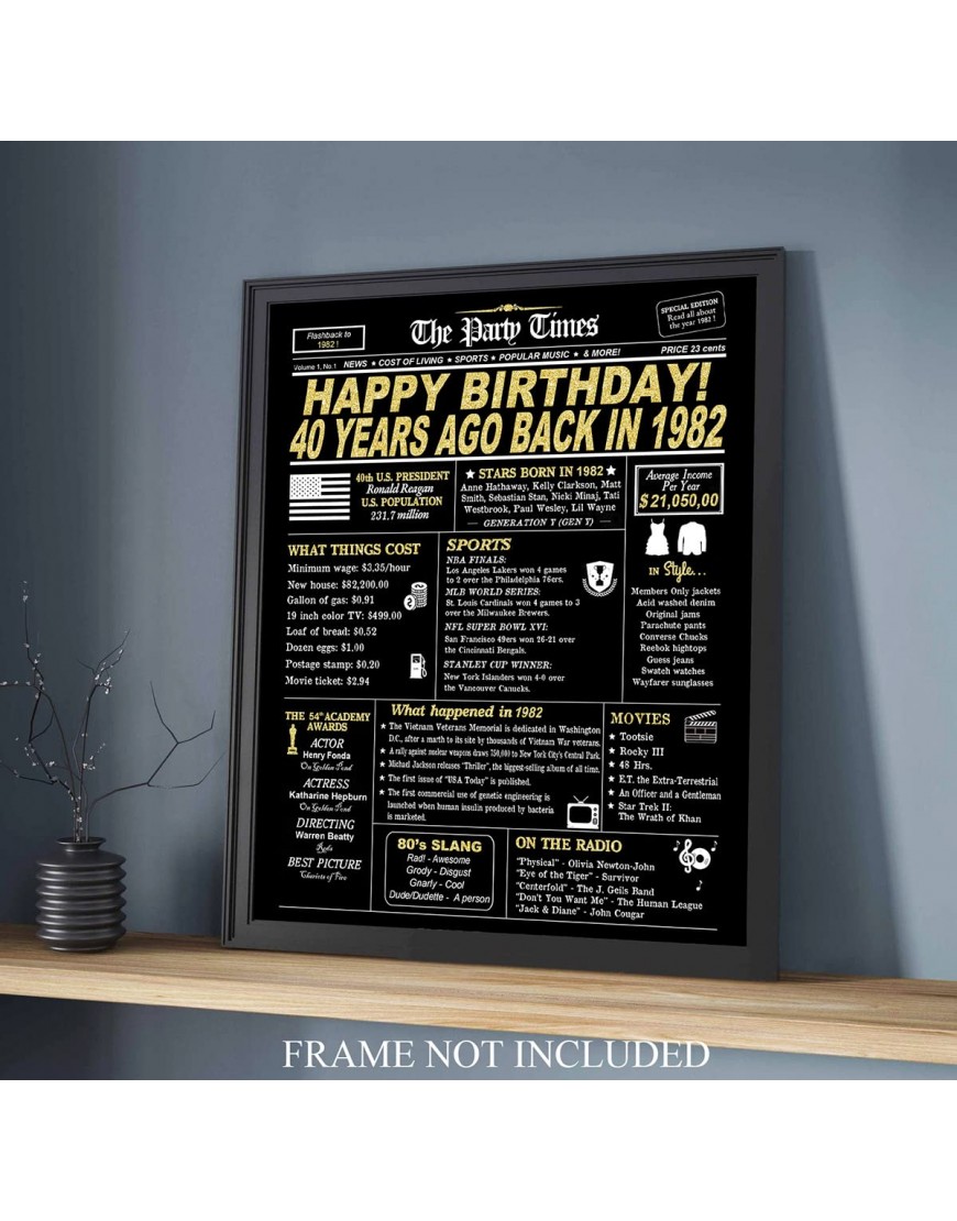 40th Birthday Decorations for Women or Men Party Decorations Supplies Gold Birthday Card Poster for Him or Her Turning 40 Years Old Back in 1982 Print 8 x 10 UNFRAMED