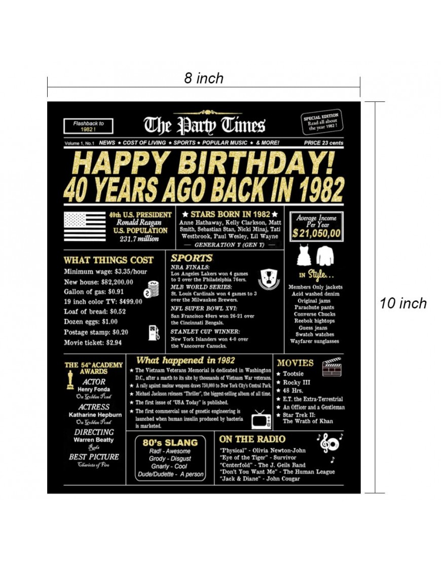 40th Birthday Decorations for Women or Men Party Decorations Supplies Gold Birthday Card Poster for Him or Her Turning 40 Years Old Back in 1982 Print 8 x 10 UNFRAMED