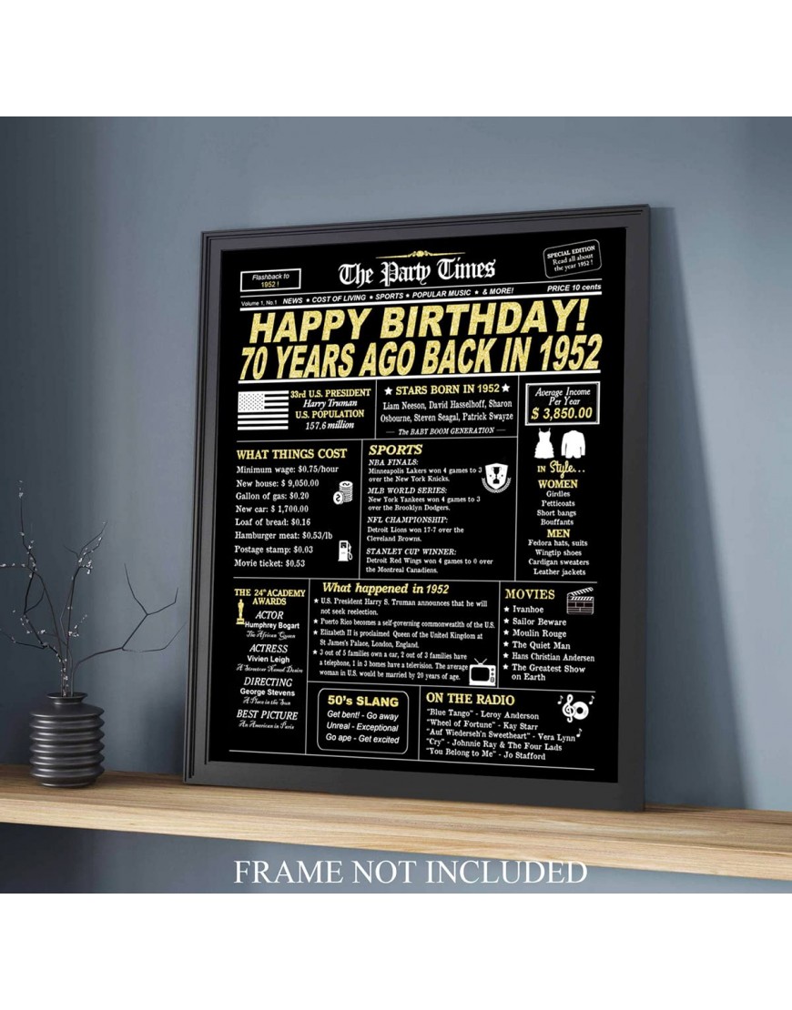 70th Birthday Decorations for Women or Men Party Decorations Supplies Gold Birthday Card Poster for Him or Her Turning 70 Years Old Back in 1952 Print 8 x 10 UNFRAMED