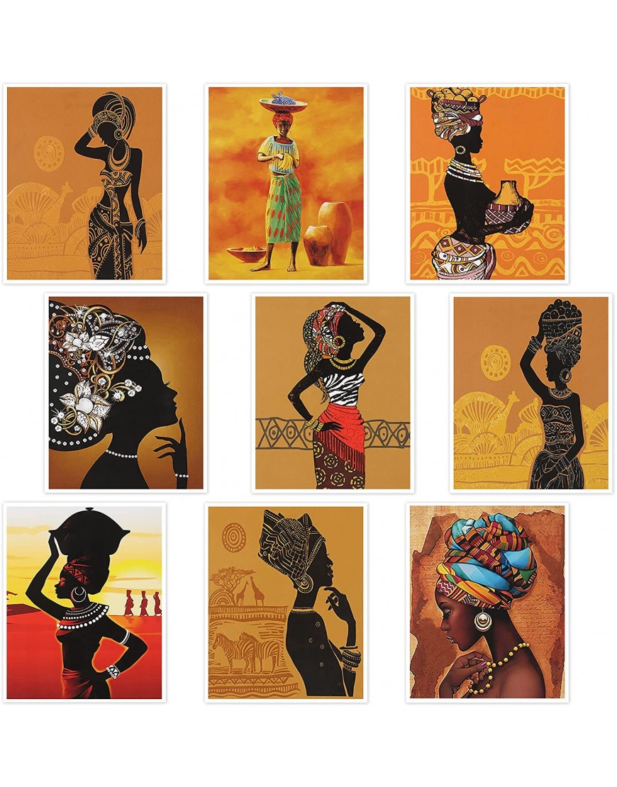 9 Pieces African American Wall Art Painting Retro Style Black Woman Ethnic Ancient Theme Diamond Girl Room Poster Black Art Painting Bedroom Bathroom Decor Unframed 8 x 10 Inch