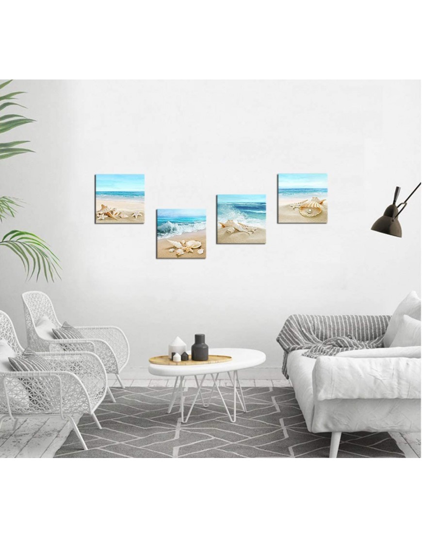 Beach Canvas Wall Art Ocean Decor Beach Seashell Starfish Nature Picture Blue Canvas Artwork Turquoise Contemporary Wall Art for Bathroom Bedroom Living Room Office Kitchen Wall Decor 12 x 12 x 4 Pieces