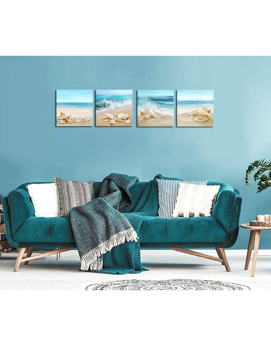 Beach Canvas Wall Art Ocean Decor Beach Seashell Starfish Nature Picture Blue Canvas Artwork Turquoise Contemporary Wall Art for Bathroom Bedroom Living Room Office Kitchen Wall Decor 12 x 12 x 4 Pieces