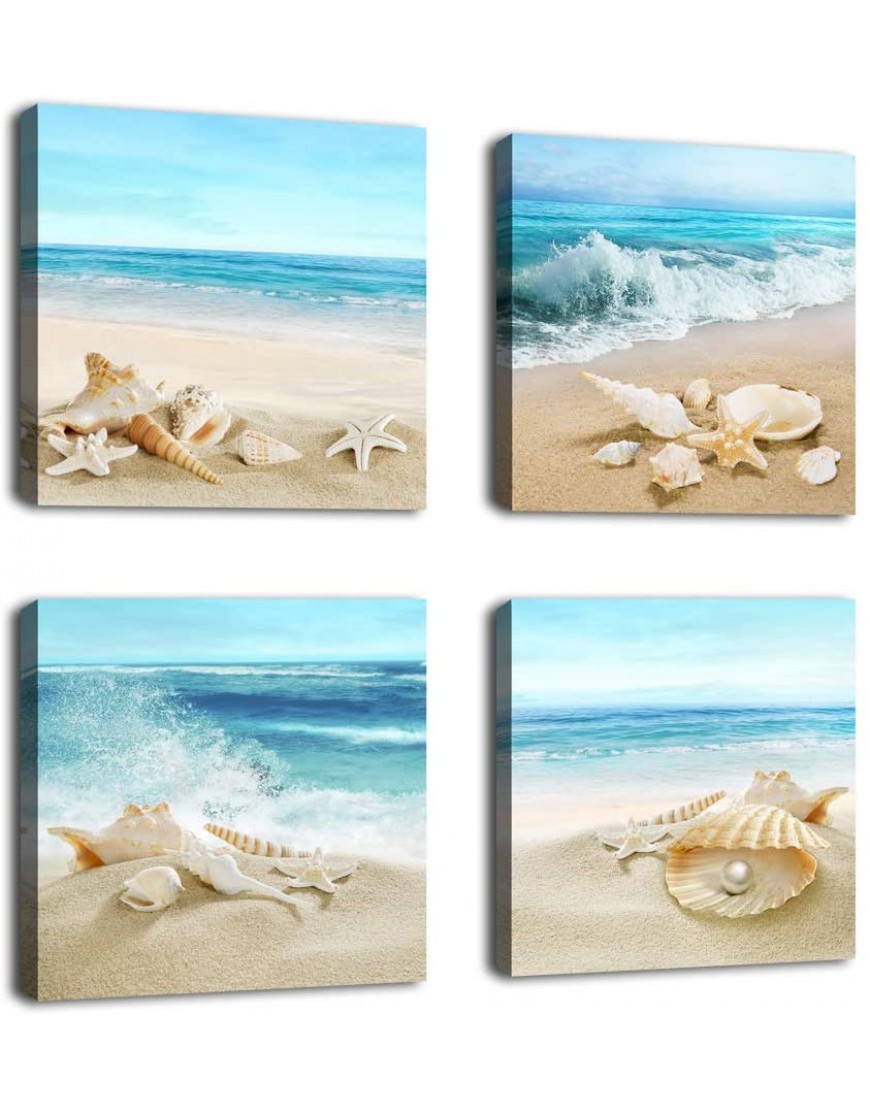 Beach Canvas Wall Art Ocean Decor Beach Seashell Starfish Nature Picture Blue Canvas Artwork Turquoise Contemporary Wall Art for Bathroom Bedroom Living Room Office Kitchen Wall Decor 12" x 12" x 4 Pieces
