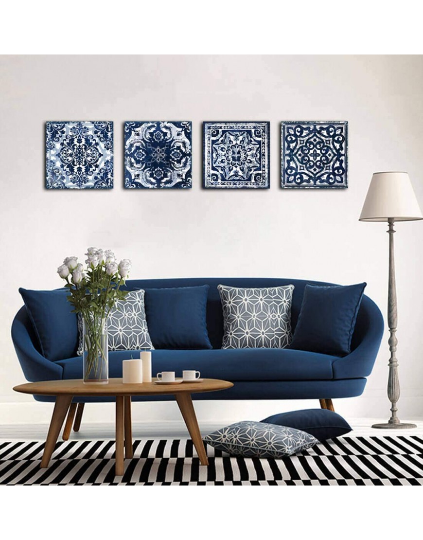 Bedroom Decor Canvas Wall Art Flower Pattern Prints Bathroom Abstract Pictures Modern Navy Framed Wall Decor Artwork for Walls Hang for Bedroom 4 Pieces Wall Decoration Size 14x14 Each Panel