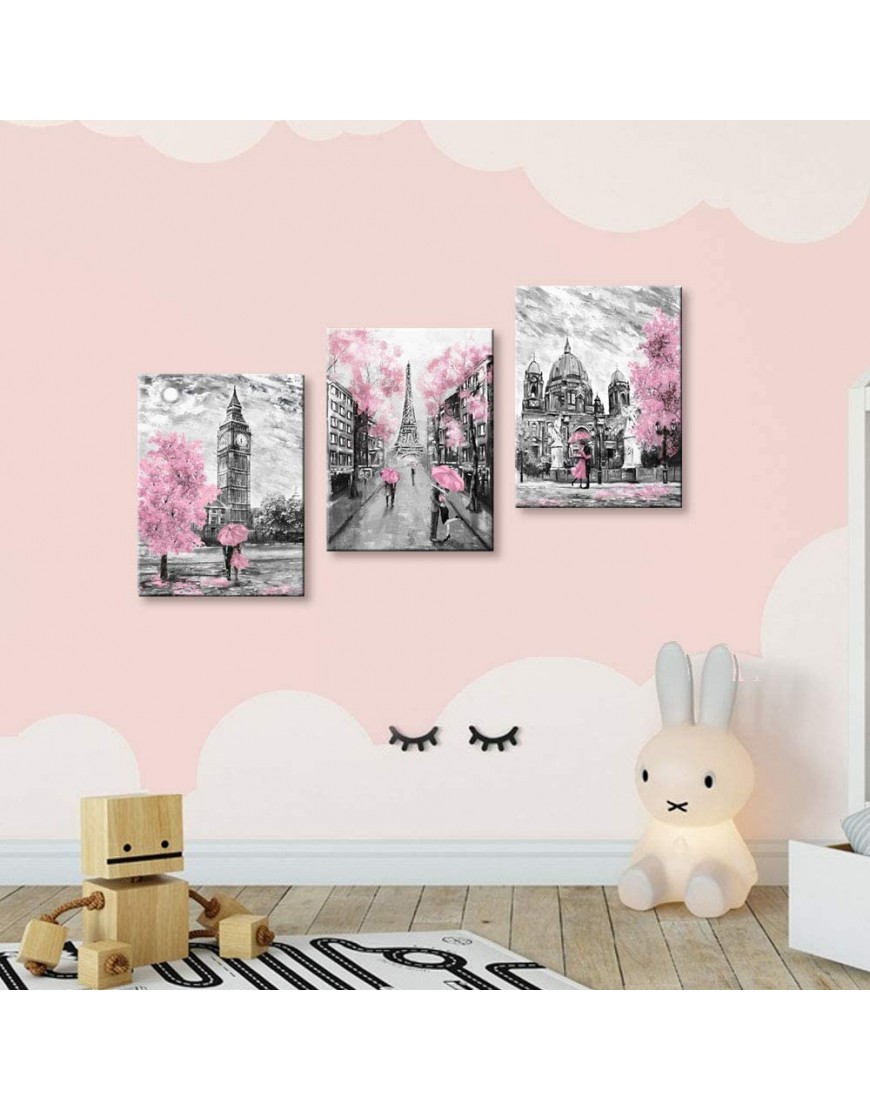 Black and White Canvas Wall Art for Living Room Bedroom Bathroom Girls Pink Paris Theme Room Decor Oil Painting Print London Big Ben Tower Eiffel Painting for Wall Decor Pink