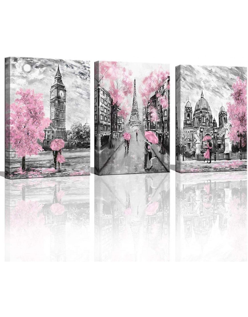 Black and White Canvas Wall Art for Living Room Bedroom Bathroom Girls Pink Paris Theme Room Decor Oil Painting Print London Big Ben Tower Eiffel Painting for Wall Decor Pink