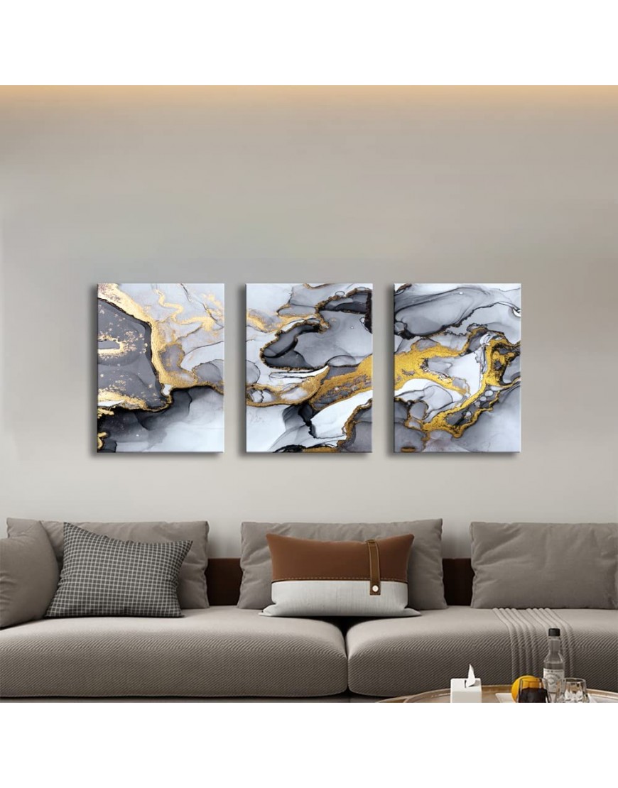 Black and White Grey Abstract Art,Modern Framed Gold Fluid Ink Canvas Wall Art Prints,Wall Art for Bedroom Living Room Office Wall Decor Picture Artwork Home Decor Ready to Hang 12 X 16 3 Pieces