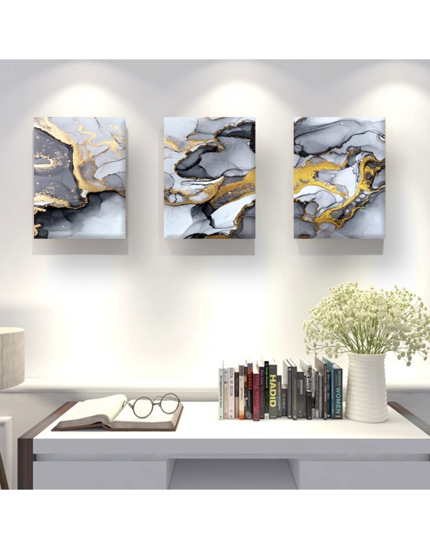 Black and White Grey Abstract Art,Modern Framed Gold Fluid Ink Canvas Wall Art Prints,Wall Art for Bedroom Living Room Office Wall Decor Picture Artwork Home Decor Ready to Hang 12 X 16 3 Pieces