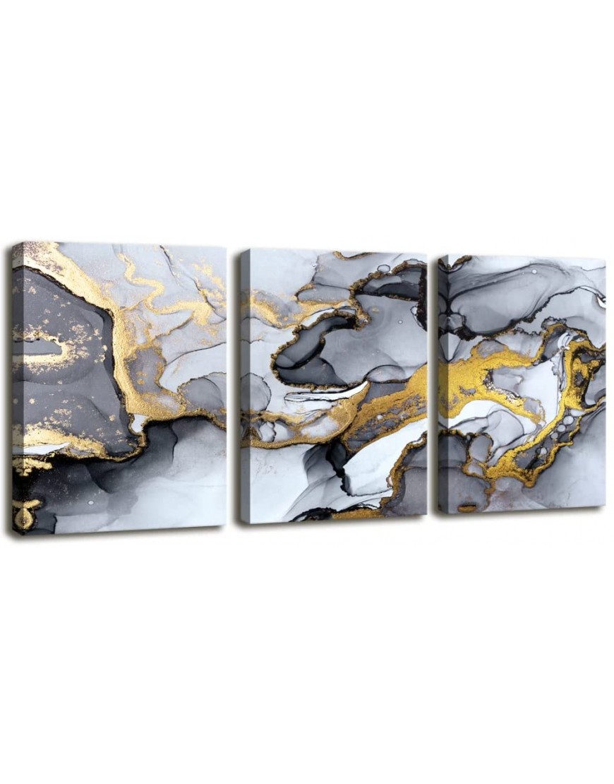 Black and White Grey Abstract Art,Modern Framed Gold Fluid Ink Canvas Wall Art Prints,Wall Art for Bedroom Living Room Office Wall Decor Picture Artwork Home Decor Ready to Hang 12" X 16" 3 Pieces