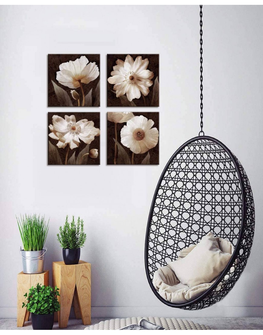 Canvas Wall Art Contemporary Simple Life White Flowers Floral Canvas Painting Pictures for Home Bedroom Decor 4 Panels Framed Artwork Canvas Prints Brown Giclee Poster for Living Room Bathroom Decor