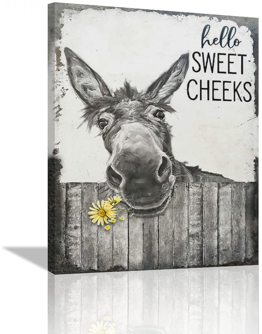 citari Farmhouse Bathroom Wall Art Donkey Poster Funny Donkey Pictures for Wall Rustic Canvas Print Black and White Painting Animal Wall Décor Country Vintage Framed Artwork 12"x16"
