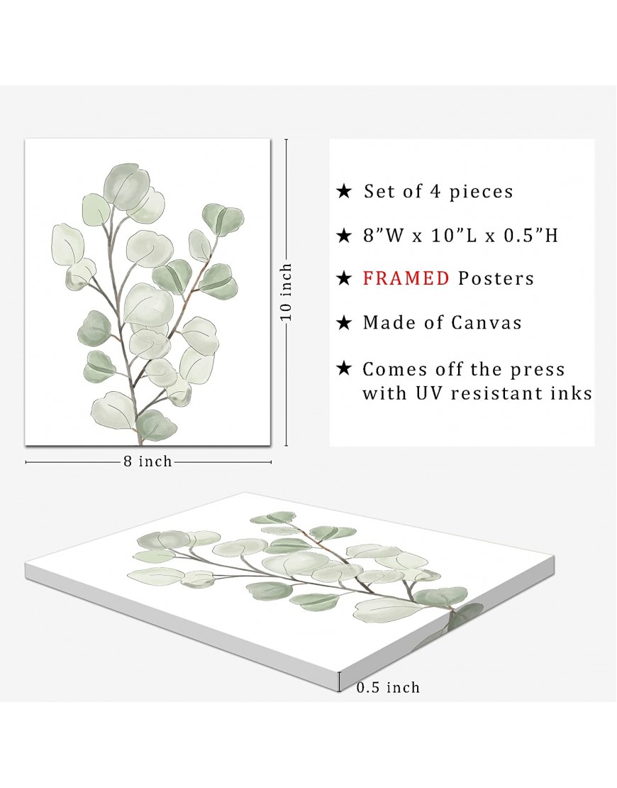 FRAMED Botanical Plant Canvas Wall Art | Boho Plant Wall Decor for Bedroom | Minimalist Floral Prints for Living Room | Light Green Botanical Art Painting for Office | Eucalyptus Leaf Picture | Set of 4 | 8”x 10”