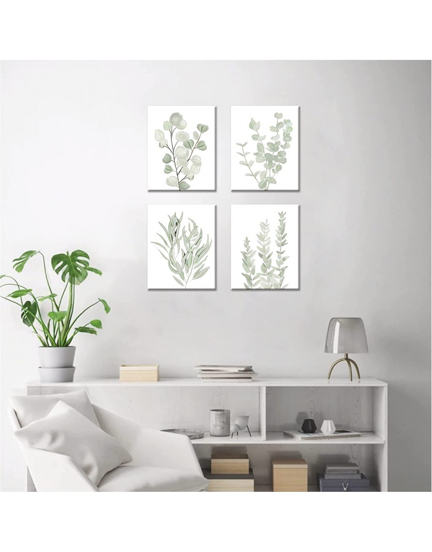 FRAMED Botanical Plant Canvas Wall Art | Boho Plant Wall Decor for Bedroom | Minimalist Floral Prints for Living Room | Light Green Botanical Art Painting for Office | Eucalyptus Leaf Picture | Set of 4 | 8”x 10”