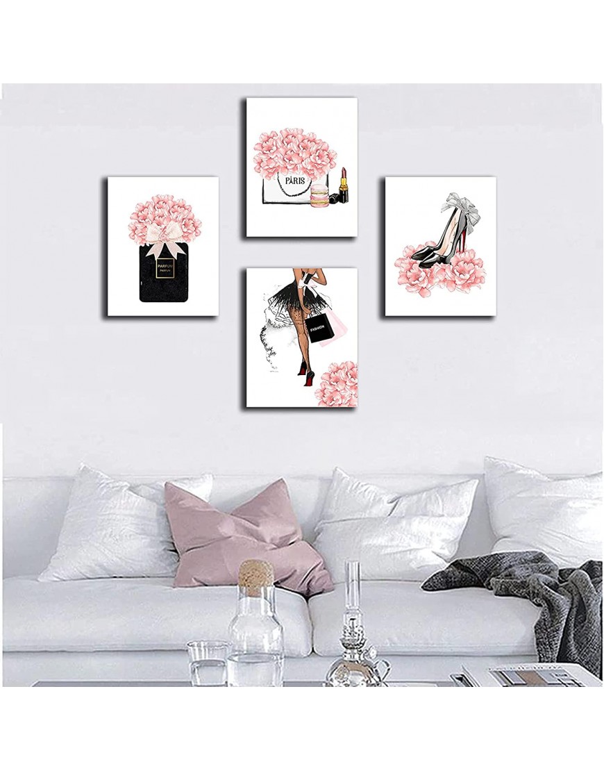 FRAMED Makeup Room Canvas Wall Art Fashion Woman Picture Arts Perfume Handbags High Heels Lipstick Wall Paintings Pink Gift for Girls Room Boudoir Decor Ready to Hang Set of 4 8x10 in Framed