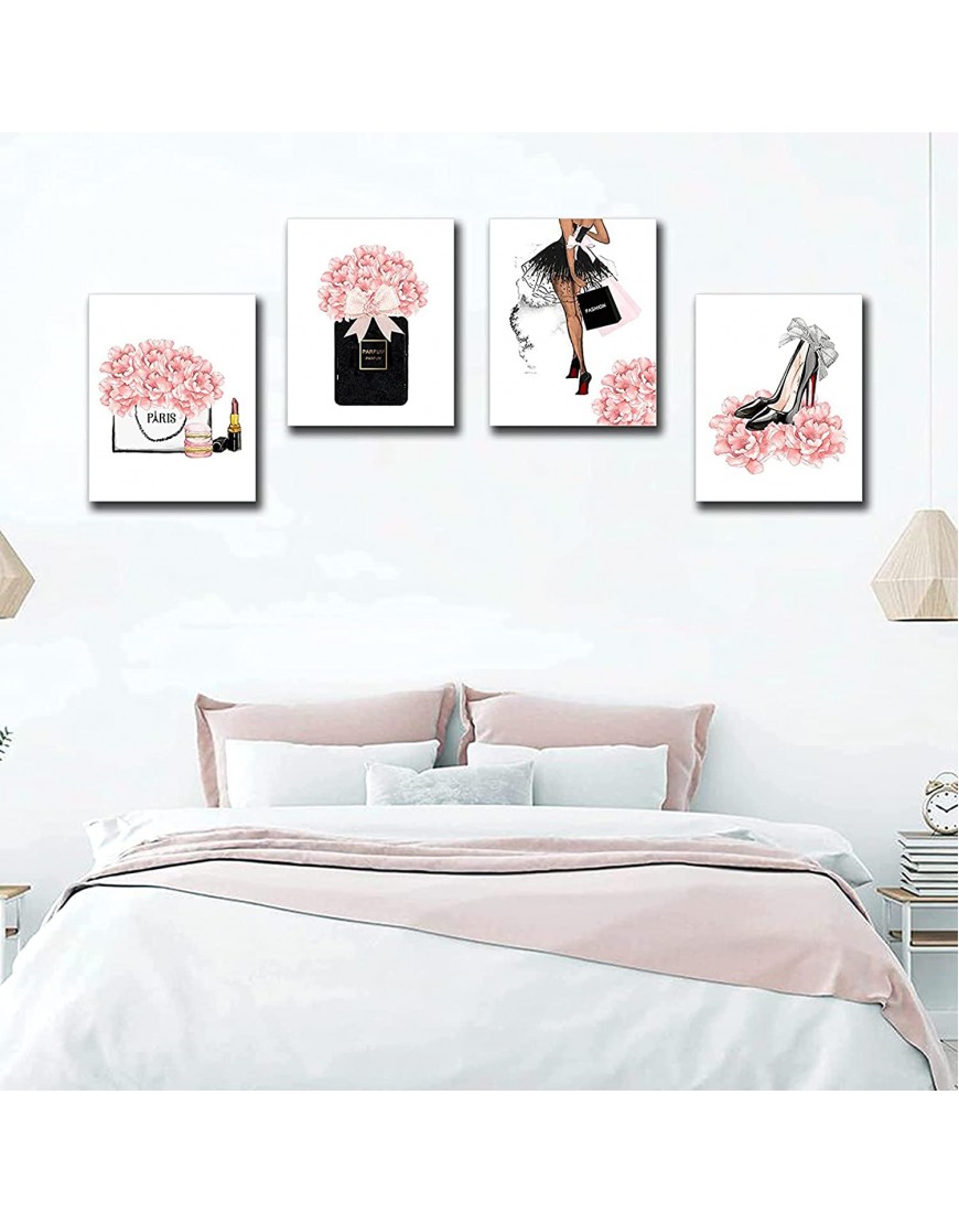 FRAMED Makeup Room Canvas Wall Art Fashion Woman Picture Arts Perfume Handbags High Heels Lipstick Wall Paintings Pink Gift for Girls Room Boudoir Decor Ready to Hang Set of 4 8x10 in Framed