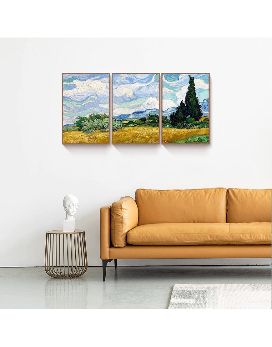 FULL HOUSE Framed Canvas Prints Wall Art of Van Gogh Oil Paintings Reproduction Wheat Field with Cypresses Impressionism Aesthetic Canvas Prints for Living Room Bedroom Office Home 3 Panels