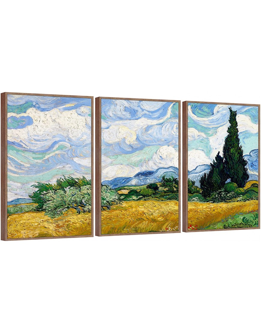 FULL HOUSE Framed Canvas Prints Wall Art of Van Gogh Oil Paintings Reproduction Wheat Field with Cypresses Impressionism Aesthetic Canvas Prints for Living Room Bedroom Office Home 3 Panels