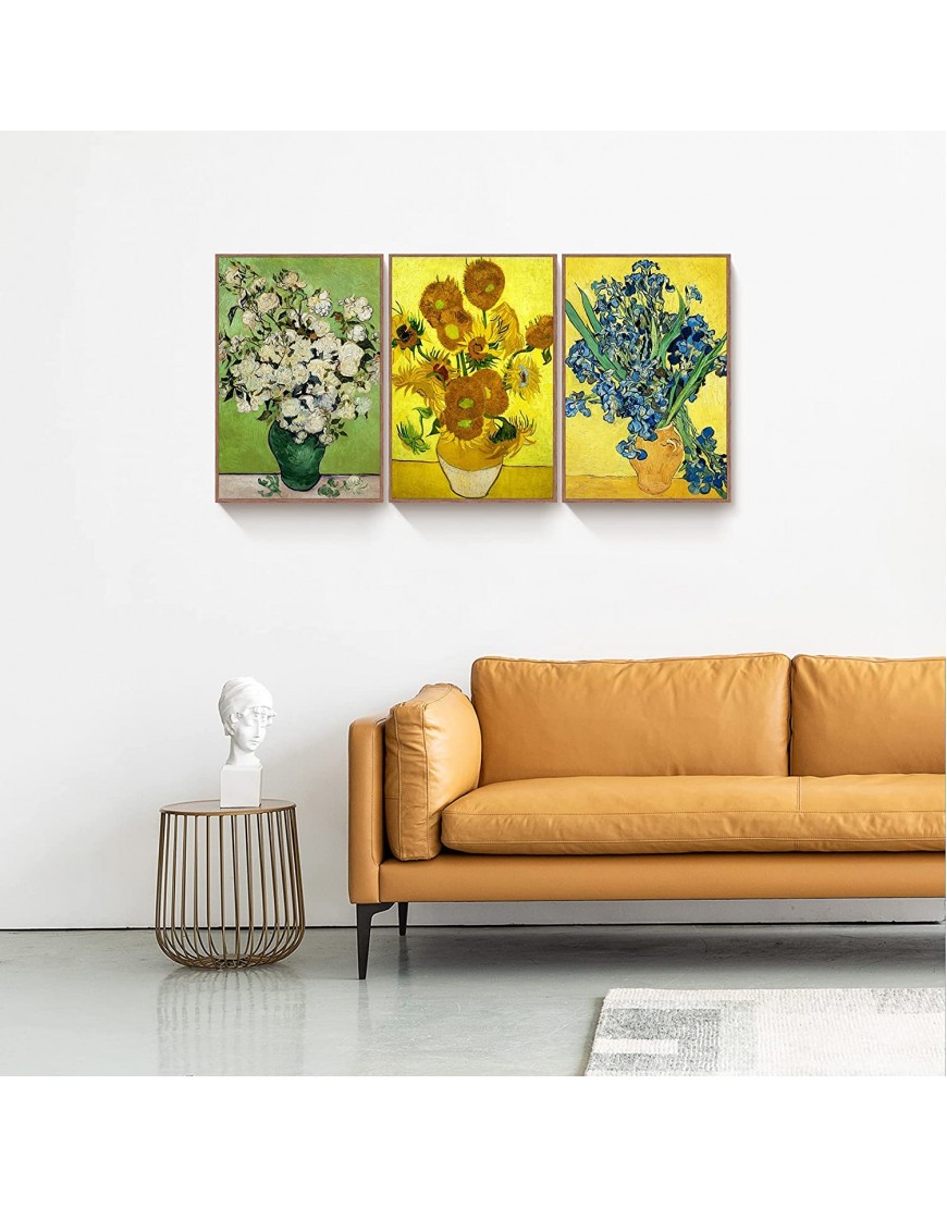 FULL HOUSE Framed Canvas Wall Art of Van Gogh Oil Paintings Roses & Sunflowers & Irises Impressionism Aesthetic Canvas Prints Wall Paintings for Living Room Bedroom Office Home 3 Panels