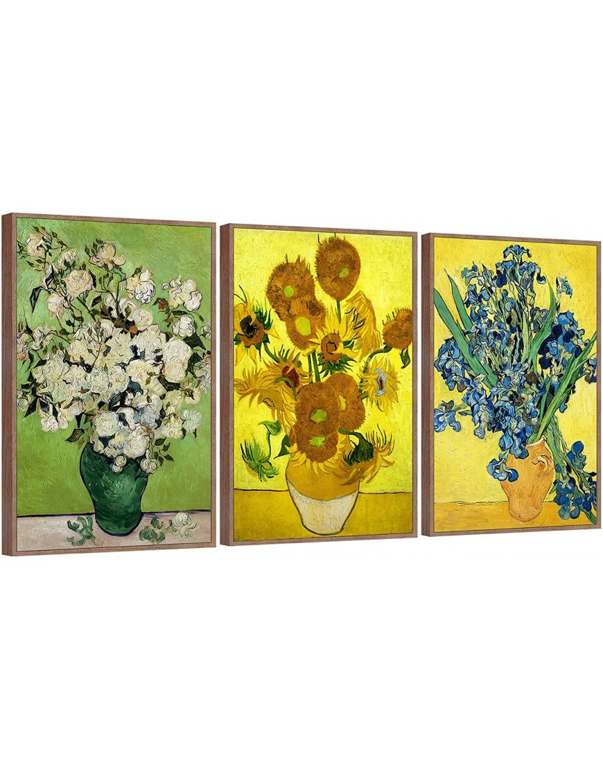FULL HOUSE Framed Canvas Wall Art of Van Gogh Oil Paintings Roses & Sunflowers & Irises Impressionism Aesthetic Canvas Prints Wall Paintings for Living Room Bedroom Office Home 3 Panels