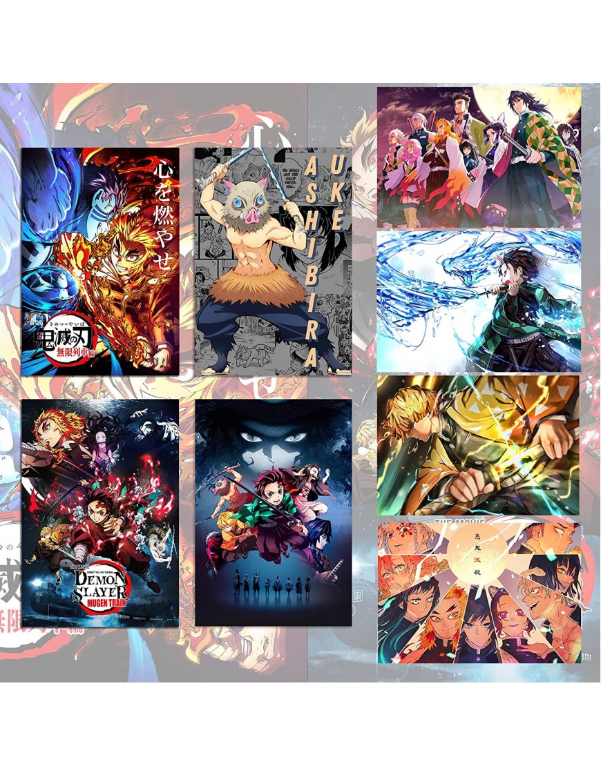 GTOTd Demon Slayer poster Wall Poster 8-Pack（with Anime Slayer stickers 50pcs）11.5 x 16.5 Unframed Version HD Canvas Printing Poster for Living Room Bedroom Club Wall Art Decor