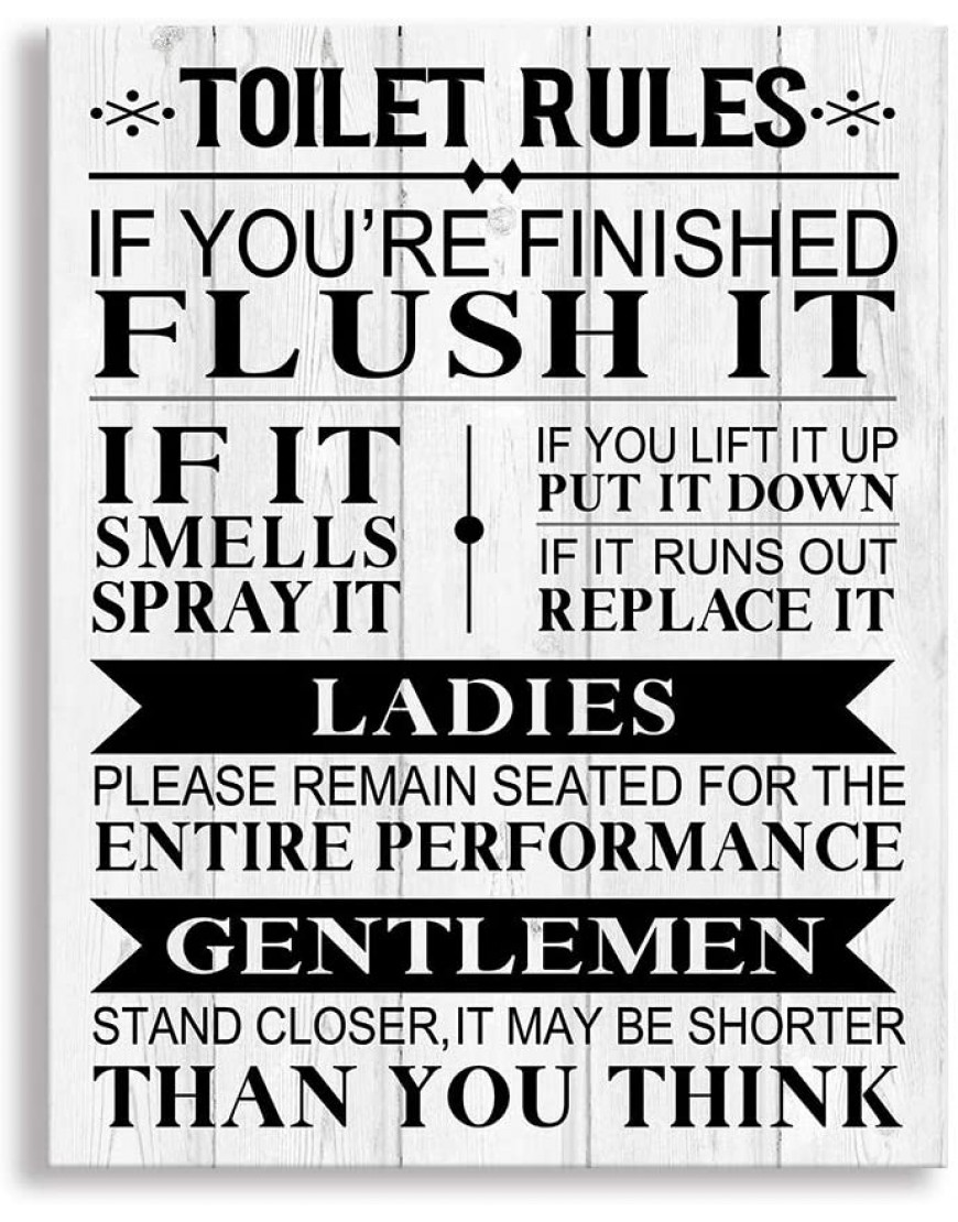 Kas Home Bathroom Canvas Wall Art Rustic Funny Toilet Rules Prints Signs Framed Wood Background Bath Room HD Picture Artwork Home Decor Toilet-02 12 X 15 inch