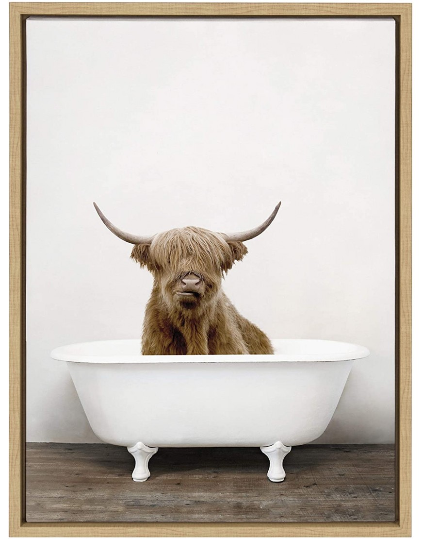Kate and Laurel Sylvie Highland Cow in Tub Color Framed Canvas Wall Art by Amy Peterson 18x24 Natural Chic Animal Art for Wall