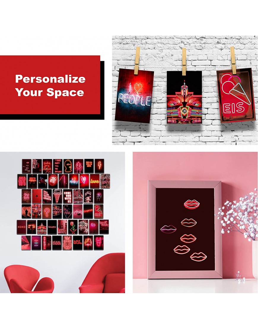 KOLL DECOR Red Aesthetic Room Decor Wall Collage Aesthetic 50 Set 4''x6'' Prints Neon Dark Red photo Wall Collage Kit Decoration Pictures for Teen Girls Academia Bedroom Posters