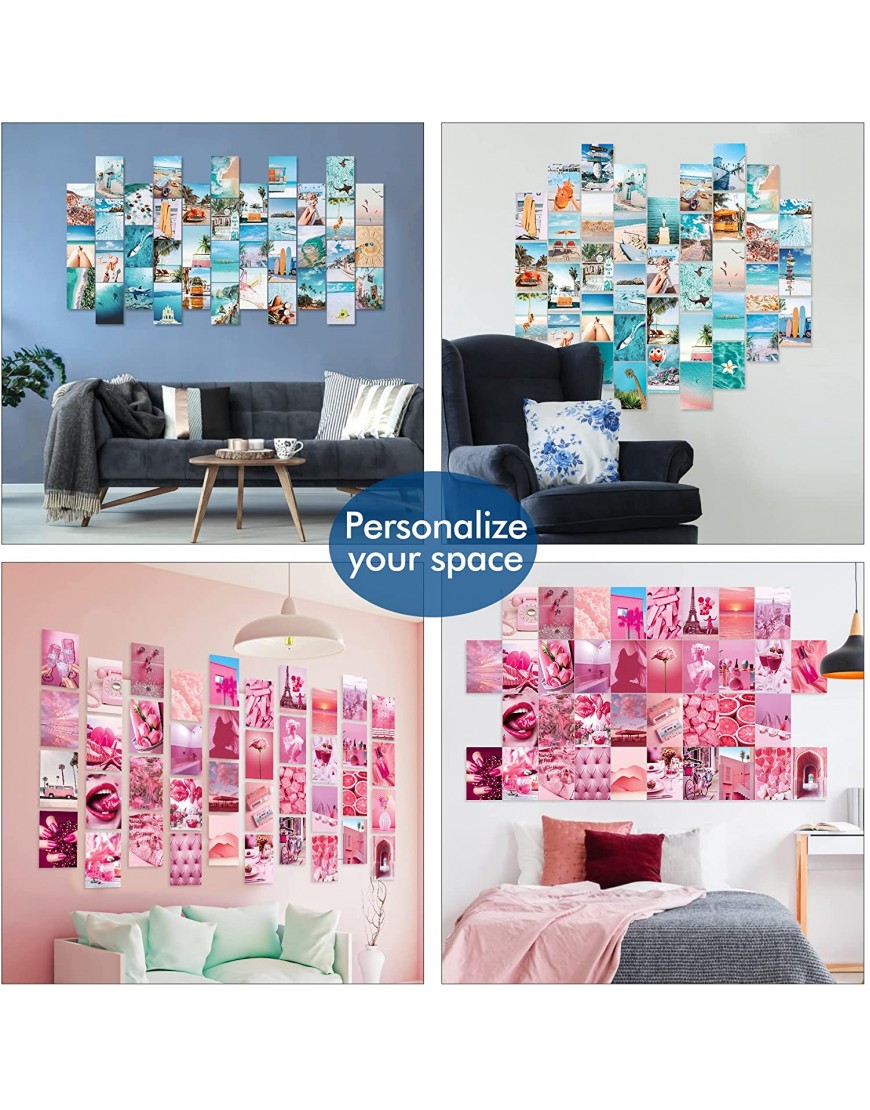 LIIGEMI 70PCS Blue | Pink Wall Collage Kit Aesthetic Pictures Double- Sided Summer Beach Collage Print Kit Bedroom Decor for Teen Girls VSCO Posters for Bedroom ，Aesthetic Posters，70 Set 4x6 Inch