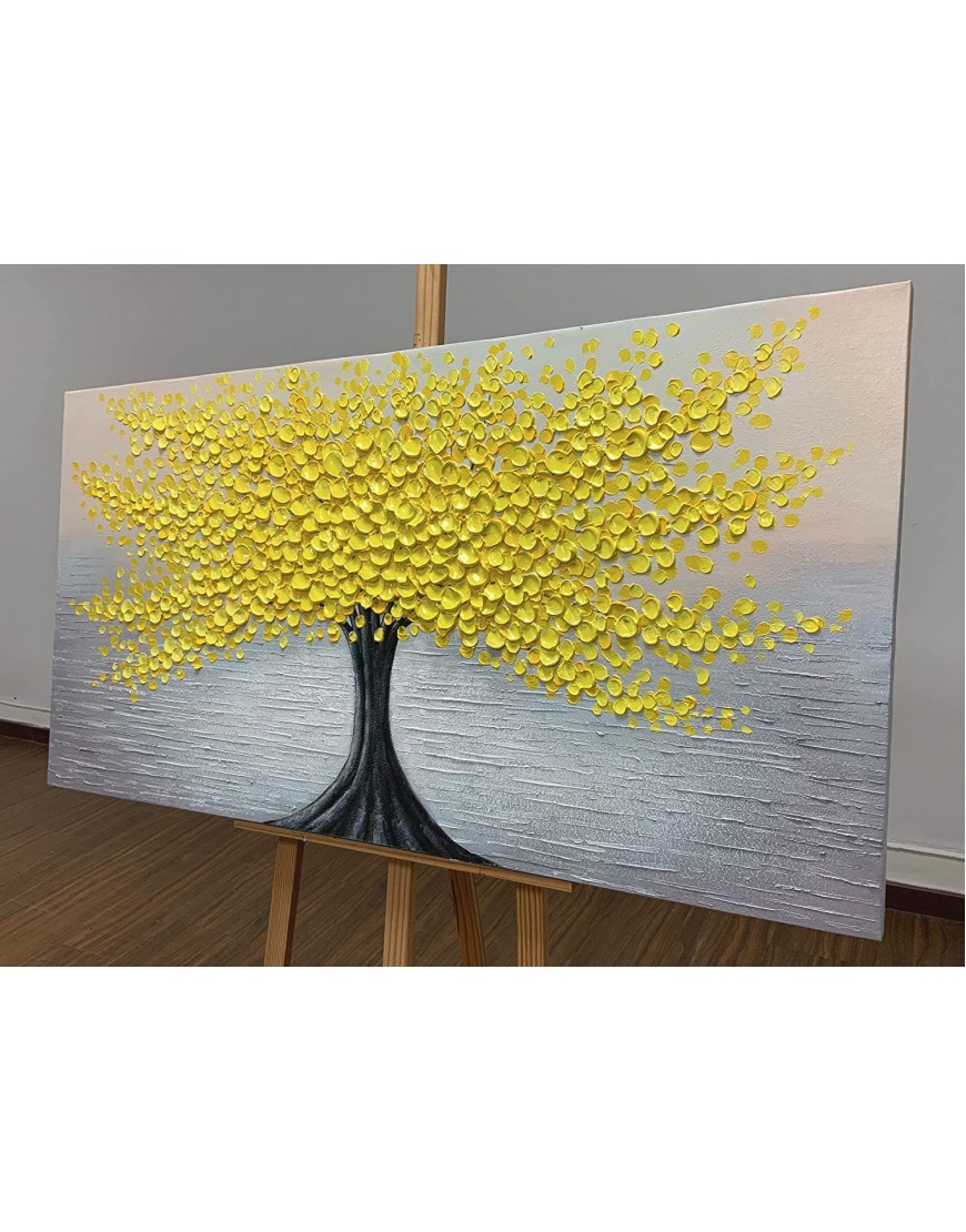 MUWU Paintings 24x48 Inch Yellow Flower Paintings 3D Abstract Paintings Lucky Tree Oil Hand Painting On Canvas Wood Inside Framed Ready to Hang Wall Decoration for Living Room Gary