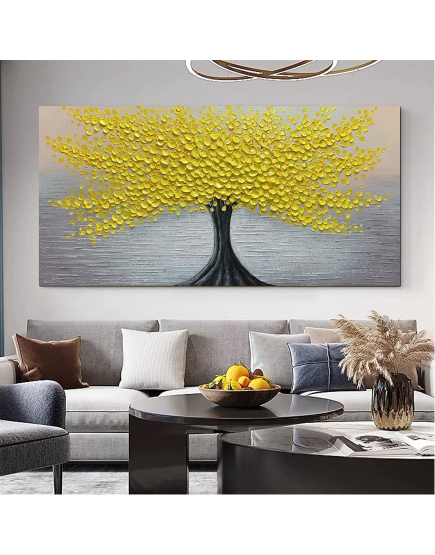 MUWU Paintings 24x48 Inch Yellow Flower Paintings 3D Abstract Paintings Lucky Tree Oil Hand Painting On Canvas Wood Inside Framed Ready to Hang Wall Decoration for Living Room Gary