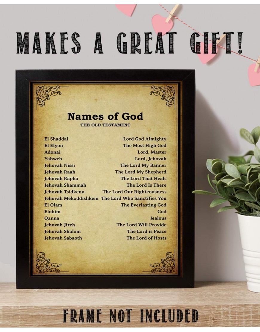 Names of God- Old Testament-Meanings- Bible Wall Art. 10 x 8 Scripture Wall Print-Ready to Frame. Distressed Typographic-Parchment Print Design. Home-Office-Church Décor. Beautiful Christian Gift.