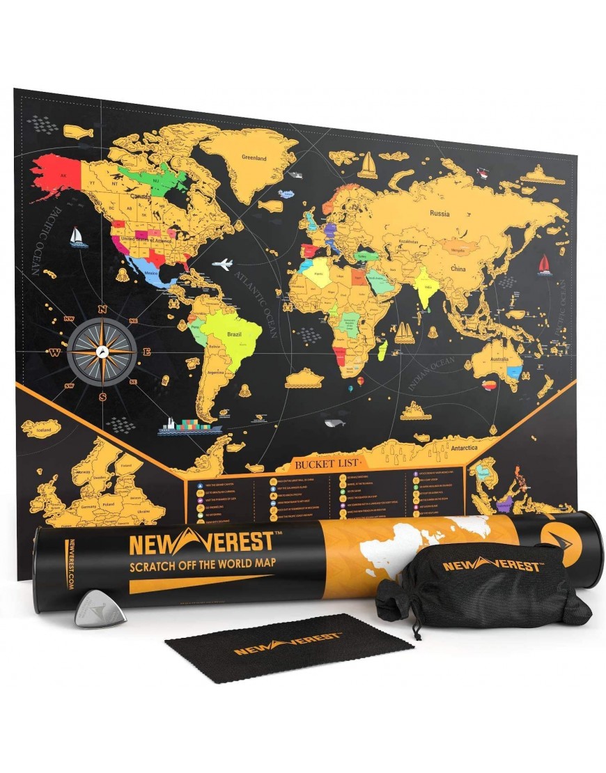 NEWVEREST Scratch Off Map of The World Detailed World Travel Art Poster Fits 24 x 17 Frame Comes with Scratch Tool 20 Push Pins 4 Stickers Cleaning Cloth Carry Bag + Gift Tube