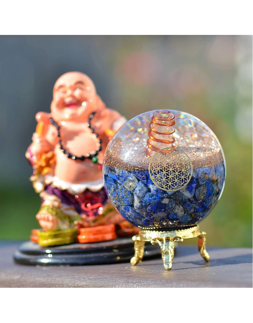 Orgonite Crystal Lapis Lazuli Ball with Holder – Third Eye Chakra Crystal with Flower of Life Enhances Decision Making and Promotes Friendship Honesty Compassion and Integrity