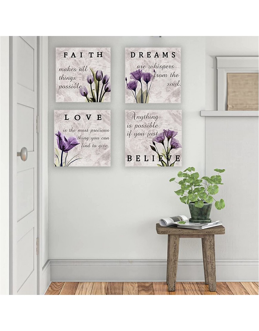 Purple Wall Decor Bathroom Canvas Wall Art Love Faith Dreams Believe Inspirational Flower Lavendar Pictures Home Decor Bedroom Livingroom Framed