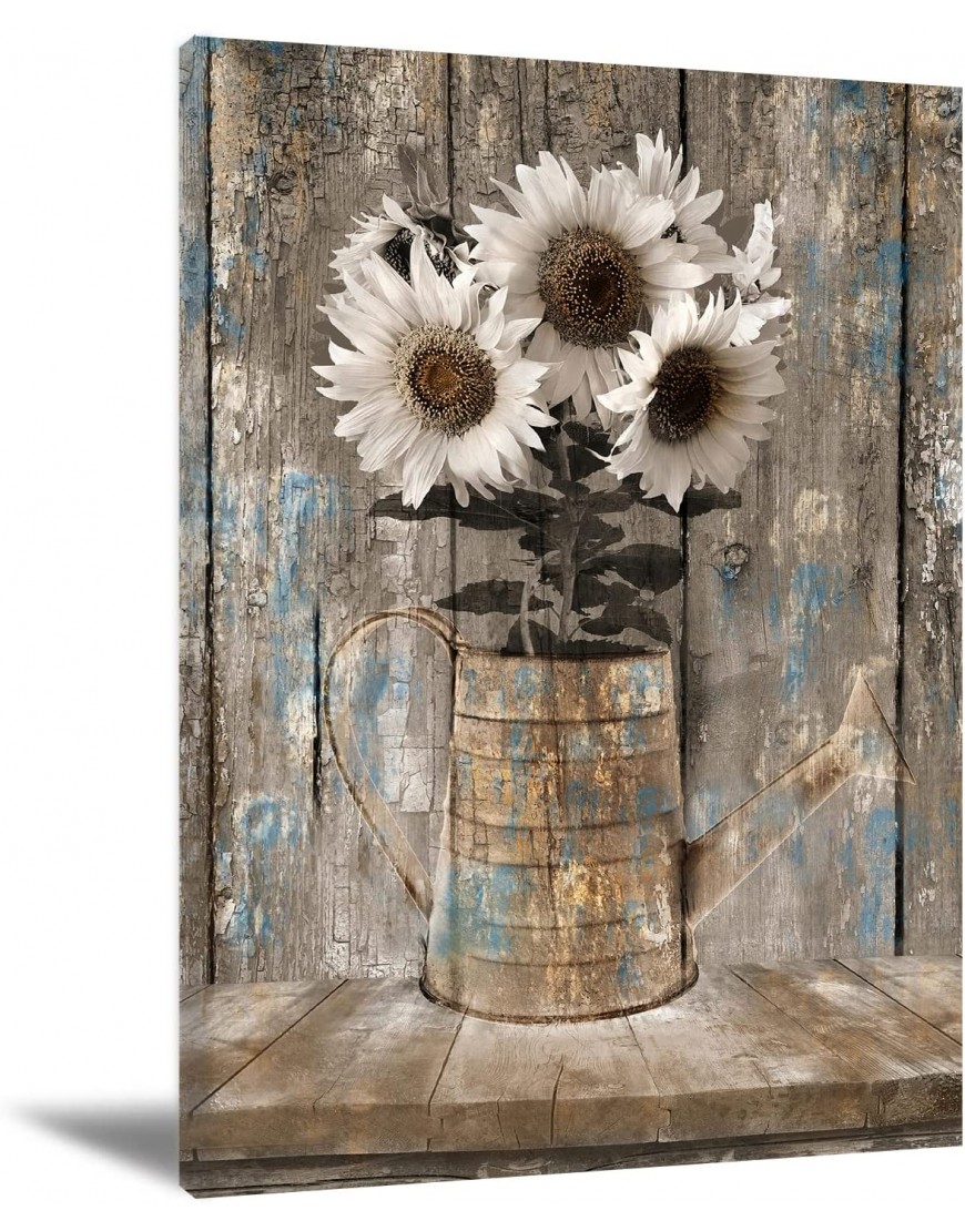 Rustic Farmhouse Sunflowers Wall Art Flowers Painting Country White Canvas Wall Art Prints Wood Board Artwork Picture Canvas Painting Home Decor For Bedroom Living Room 16X24 inch Frameless