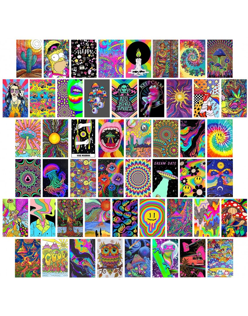Woonkit Trippy Room Decor Indie Room Decor Hippie Room Decor Indie Hippie Trippy Posters Teen Wall Bedroom Dorm Aesthetic Poster Photo Wall Collage Kit Pictures Psychedelic Posters 50PCS 4X6 INCH