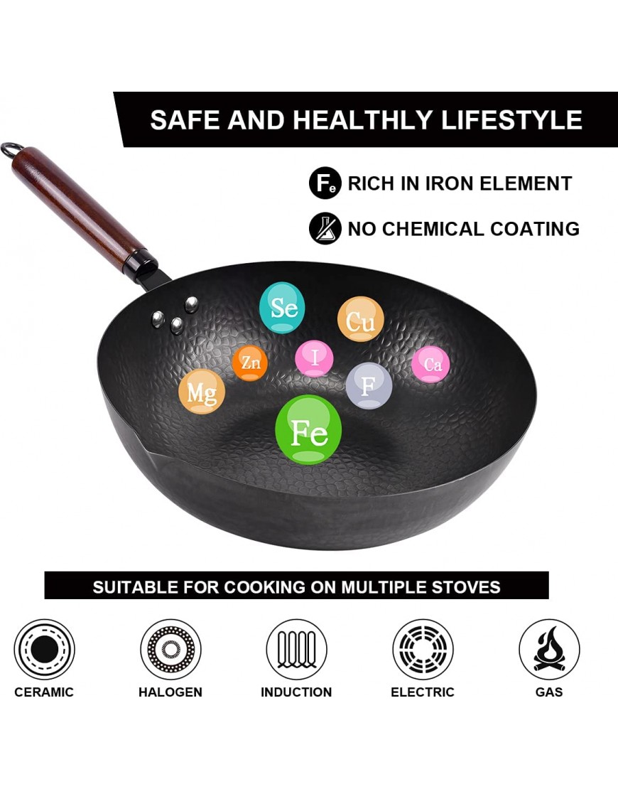 12.6Carbon Steel Wok 11Pcs Woks and Stir Fry Pans with Wooden Handle and Lid,8 Cookware Accessories,For Electric,Induction and Gas Stoves