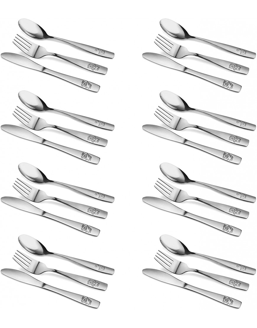 24 Piece Stainless Steel Kids Cutlery Child and Toddler Safe Flatware Kids Silverware Kids Utensil Set Includes 8 Knives 8 Forks 8 Spoons Total of 8 Place Settings Ideal for Home and Preschools