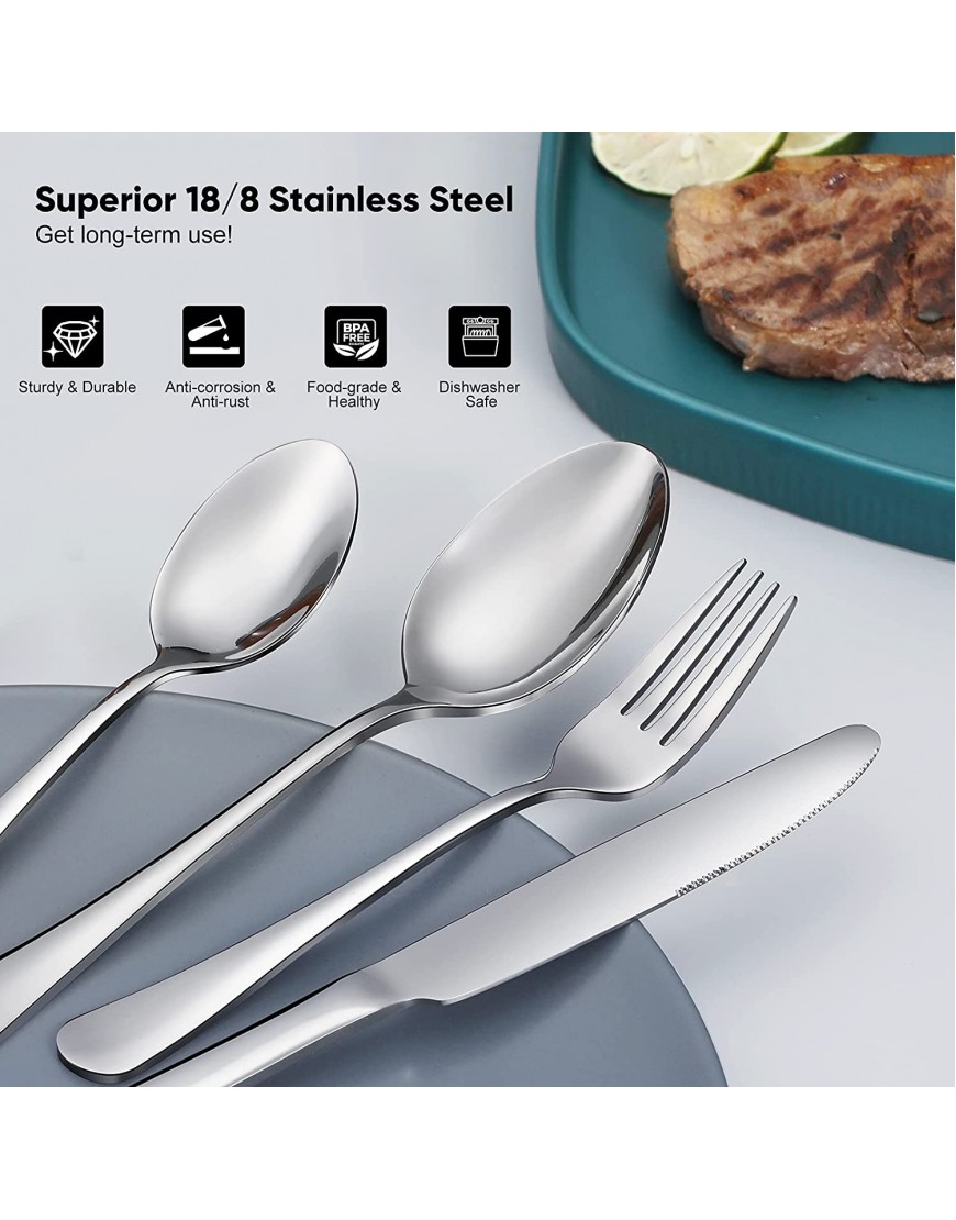 48-Piece Silverware Set with Steak Knives for 8 Food-Grade Stainless Steel Flatware Includes Spoons Forks Knives Kitchen Cutlery Set For Home Office Restaurant Hotel Mirror Finish Dishwasher Safe