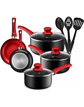 AHEIM Pots and Pans Set Aluminum Nonstick Cookware Set Fry Pans Casserole with Lid Sauce Pan and Utensils 11 Piece Cooking Set Red